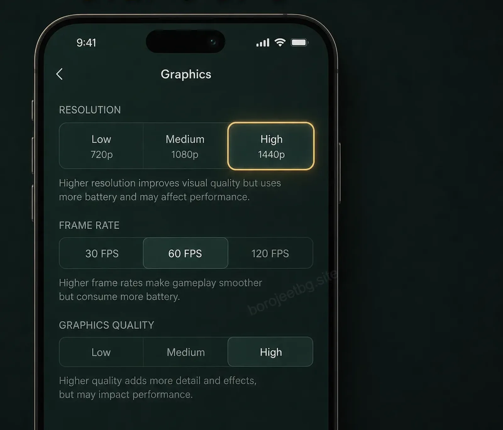 BoroJeet app settings screen on Android showing resolution, frame rate and graphics quality options