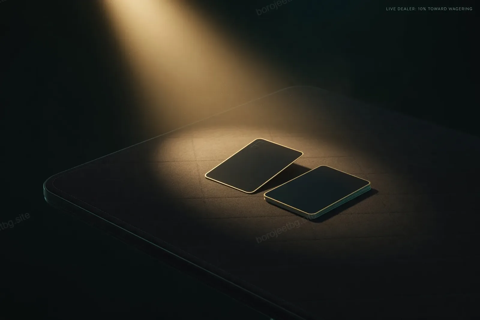 Dark card table lit by a single spotlight, illustrating that live dealer games contribute only 10 percent toward BoroJeet wagering