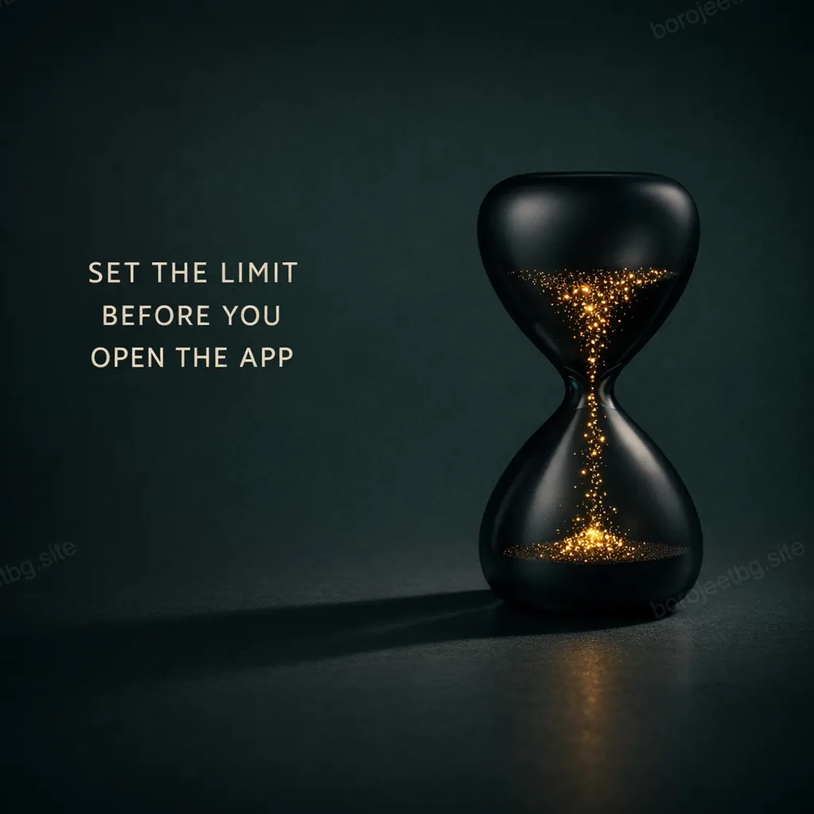 Black hourglass with grains of gold light, illustrating setting a gambling time and money limit in advance